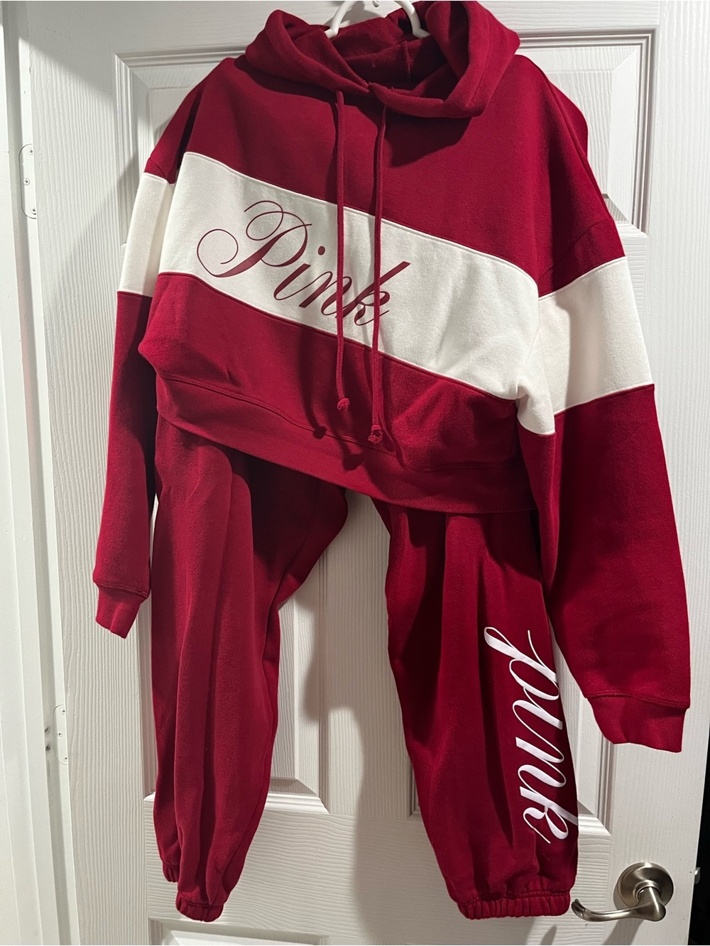 PINK Victoria's Secret Red and White Cropped Hoodie & Joggers Set